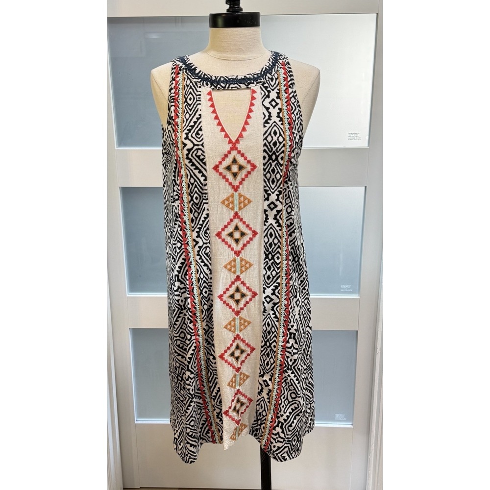 THML Tunic Embroidered Mini Aztec Print Shift Bohemian Sleeveless Dress Sz M